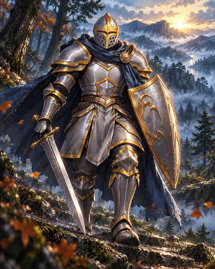 El Errante con armadura plateada, espada y escudo, ascendiendo por un sendero de montaña entre la niebla del amanecer.