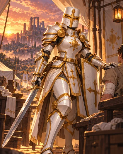 Hoja Cruzada con armadura blanca, espada y escudo, junto a una persona herida en un campamento al atardecer.