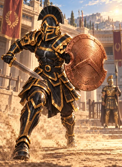 Iron Agoge con armadura negra y dorada, espada y escudo de bronce, avanzando en un patio de entrenamiento al amanecer.