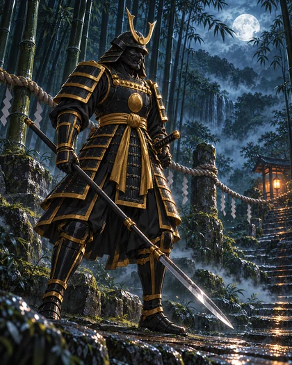 Kabuto Shadow con armadura negra y dorada y su yari, junto al límite de un bosque de bambú bajo la luna.