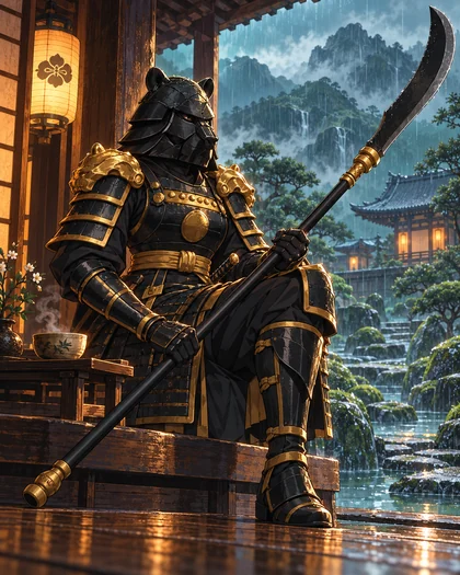 Kuma con armadura negra y dorada, sentada con su naginata en un pabellón de té bajo la lluvia.