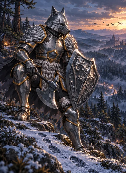 Lobo con yelmo de lobo, hacha y escudo, observando un bosque nevado al atardecer.