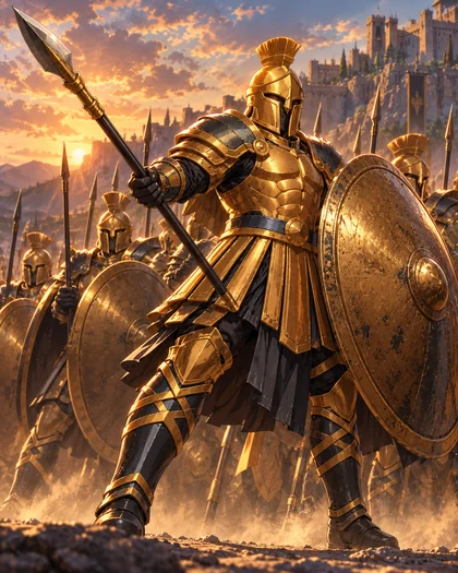 Phalanx el Muro con lanza y escudo dorado, al frente de una formación al atardecer.