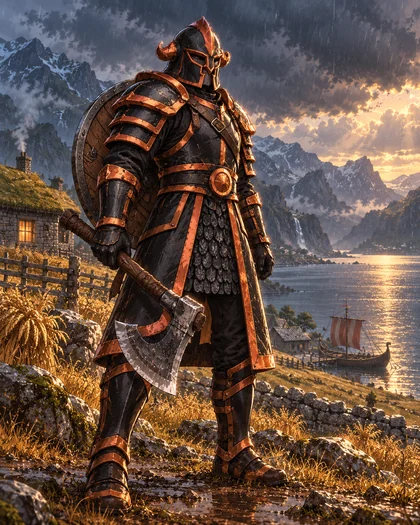 Ragnarök con armadura cobriza y hacha, junto a campos de cultivo y un fiordo bajo la lluvia.