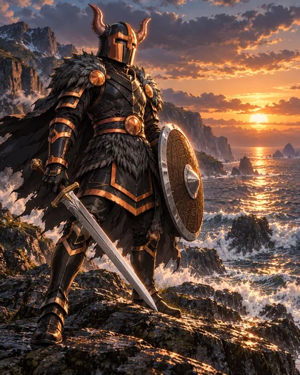 Sköll-Eclipse con yelmo de cuernos, espada y escudo redondo, mirando el mar desde la costa de un fiordo.