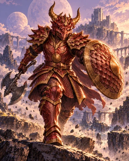 Twinfang con armadura de dragón rojiza, hacha doble y escudo, saltando entre rocas bajo dos lunas.