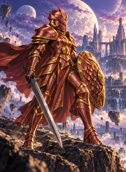 Wyrmwall con armadura cobriza, espada y escudo, frente a ciudadelas flotantes bajo un cielo violeta.
